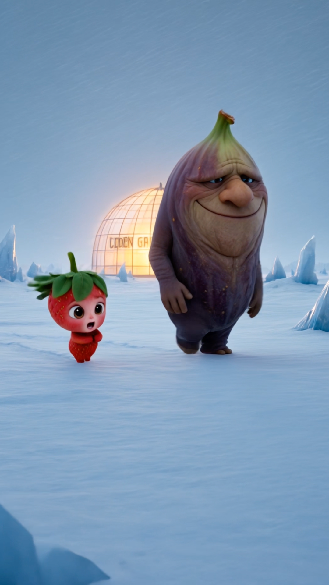 Demo scene still 1 — wide shot of a strawberry child and fig figure crossing a frozen landscape